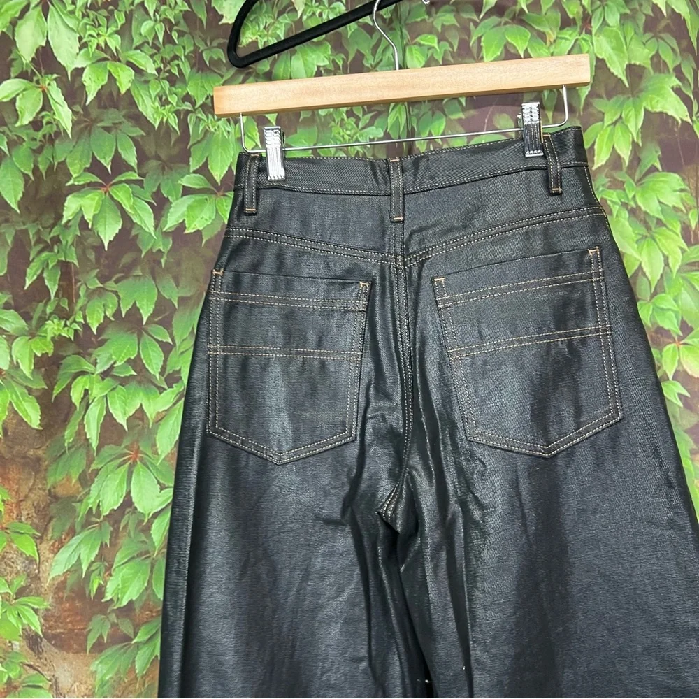 TOPSHOP Modern Architectural Black Waxed Denim Wide Leg Jeans, 4 - Picture 10 of 16